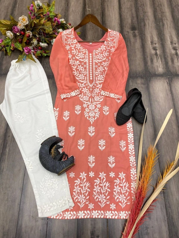 FWBE CHIKANKARI EYON TOP WITH COTTON THREAD EMBROIDERED WORK AND WORK PLAZO - XXL-44, Terracotta