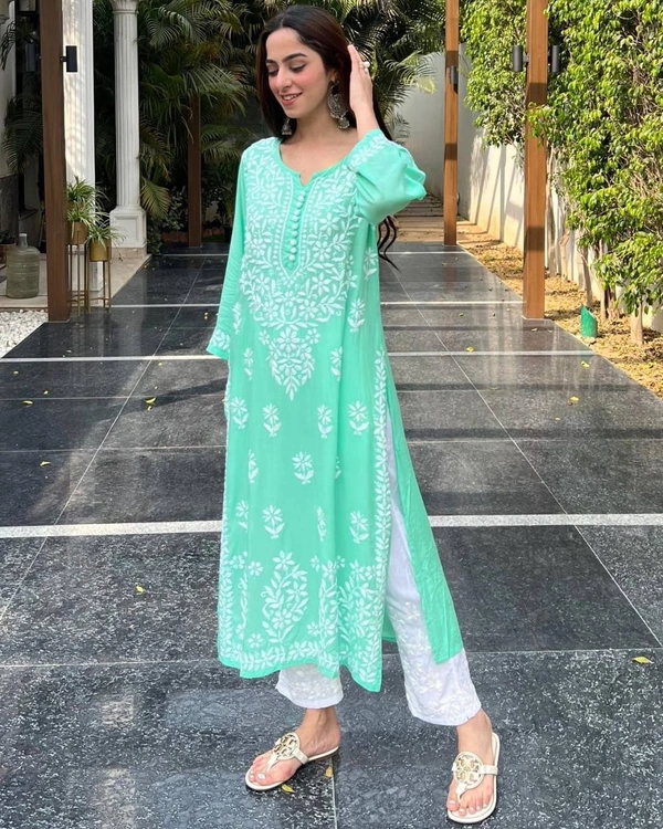 FWBE CHIKANKARI EYON TOP WITH COTTON THREAD EMBROIDERED WORK AND WORK PLAZO - M-38, Cyan Aqua