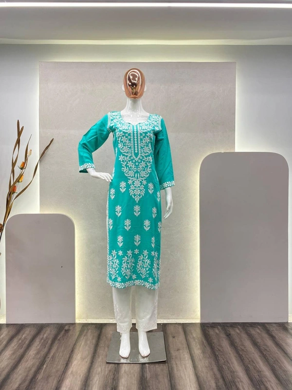 FWBE CHIKANKARI EYON TOP WITH COTTON THREAD EMBROIDERED WORK AND WORK PLAZO - M-38, Cyan Aqua