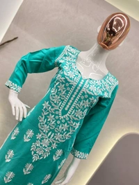 FWBE CHIKANKARI EYON TOP WITH COTTON THREAD EMBROIDERED WORK AND WORK PLAZO - M-38, Cyan Aqua