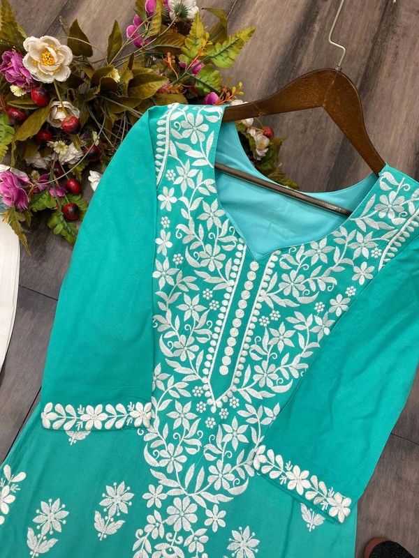 FWBE CHIKANKARI EYON TOP WITH COTTON THREAD EMBROIDERED WORK AND WORK PLAZO - M-38, Cyan Aqua