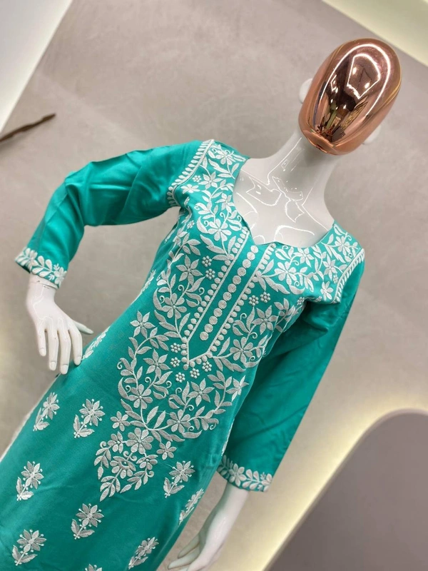 FWBE CHIKANKARI EYON TOP WITH COTTON THREAD EMBROIDERED WORK AND WORK PLAZO - L-40, Cyan Aqua