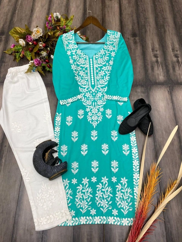 FWBE CHIKANKARI EYON TOP WITH COTTON THREAD EMBROIDERED WORK AND WORK PLAZO - XXL-44, Cyan Aqua