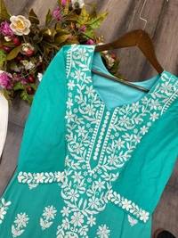 FWBE CHIKANKARI EYON TOP WITH COTTON THREAD EMBROIDERED WORK AND WORK PLAZO - L-40, Cyan Aqua
