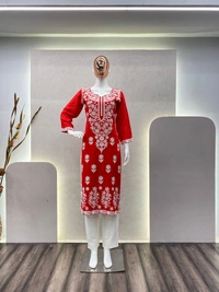 FWBE CHIKANKARI EYON TOP WITH COTTON THREAD EMBROIDERED WORK AND WORK PLAZO - M-38, Red