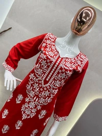 FWBE CHIKANKARI EYON TOP WITH COTTON THREAD EMBROIDERED WORK AND WORK PLAZO - M-38, Red