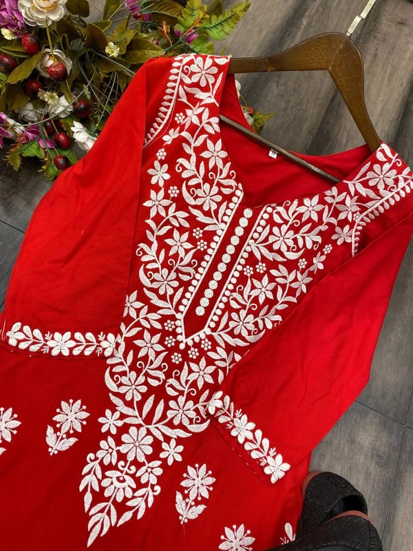 FWBE CHIKANKARI EYON TOP WITH COTTON THREAD EMBROIDERED WORK AND WORK PLAZO - M-38, Red