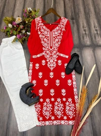FWBE CHIKANKARI EYON TOP WITH COTTON THREAD EMBROIDERED WORK AND WORK PLAZO - XXL-44, Red