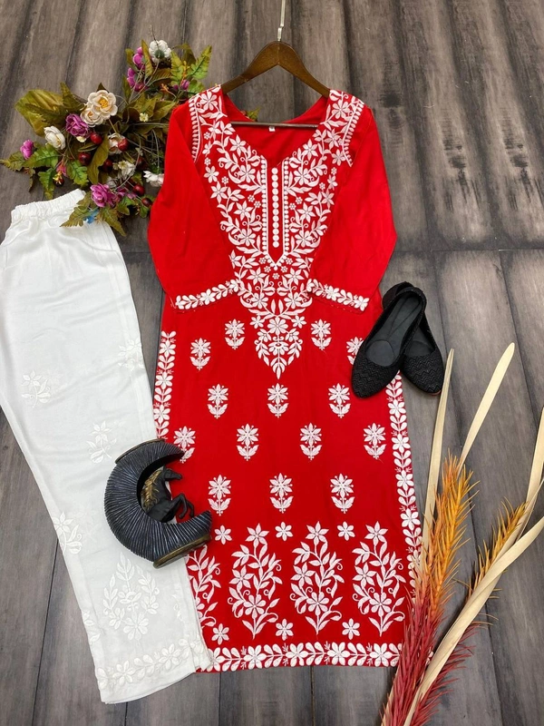 FWBE CHIKANKARI EYON TOP WITH COTTON THREAD EMBROIDERED WORK AND WORK PLAZO - XXL-44, Red