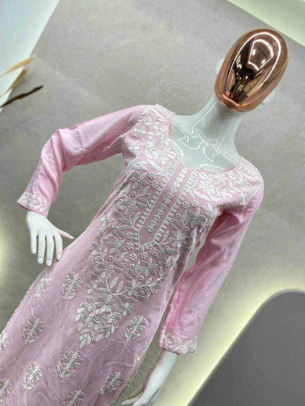 FWBE CHIKANKARI EYON TOP WITH COTTON THREAD EMBROIDERED WORK AND WORK PLAZO - M-38, Pink
