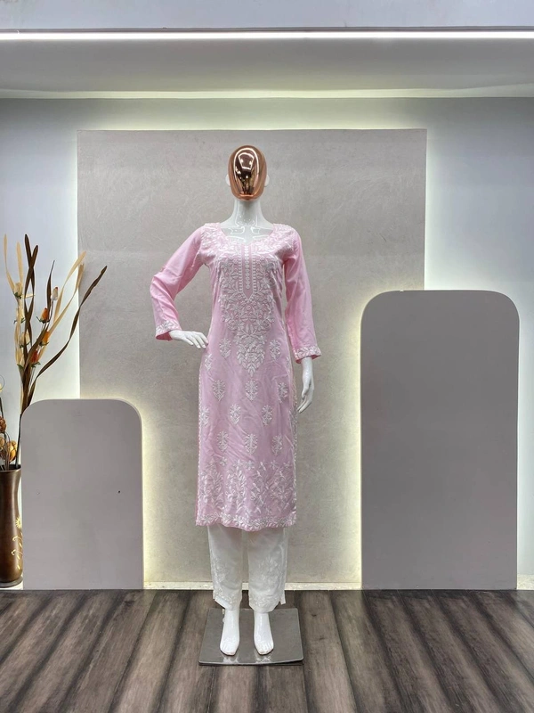 FWBE CHIKANKARI EYON TOP WITH COTTON THREAD EMBROIDERED WORK AND WORK PLAZO - XL-42, Pink