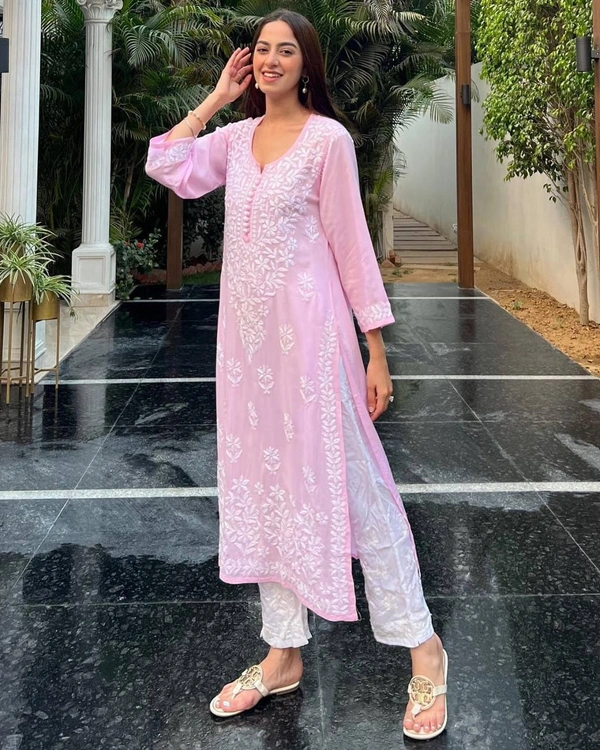FWBE CHIKANKARI EYON TOP WITH COTTON THREAD EMBROIDERED WORK AND WORK PLAZO - XXL-44, Pink