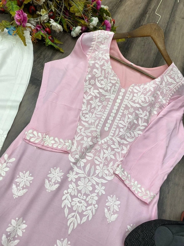 FWBE CHIKANKARI EYON TOP WITH COTTON THREAD EMBROIDERED WORK AND WORK PLAZO - M-38, Pink