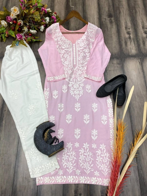 FWBE CHIKANKARI EYON TOP WITH COTTON THREAD EMBROIDERED WORK AND WORK PLAZO - XXL-44, Pink