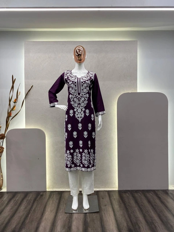 FWBE CHIKANKARI EYON TOP WITH COTTON THREAD EMBROIDERED WORK AND WORK PLAZO - M-38, Wine Berry
