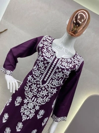 FWBE CHIKANKARI EYON TOP WITH COTTON THREAD EMBROIDERED WORK AND WORK PLAZO - XL-42, Wine Berry