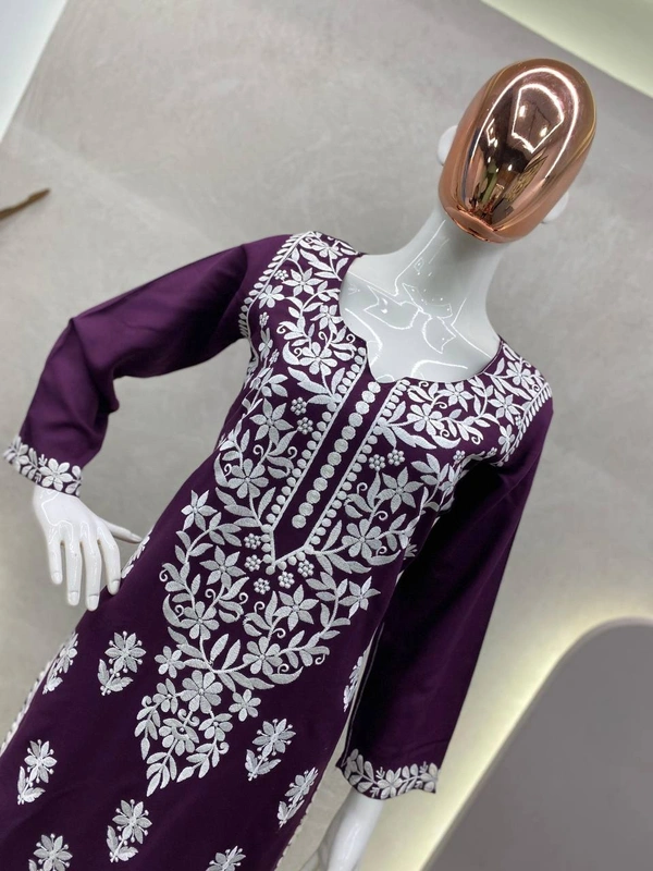 FWBE CHIKANKARI EYON TOP WITH COTTON THREAD EMBROIDERED WORK AND WORK PLAZO - L-40, Wine Berry