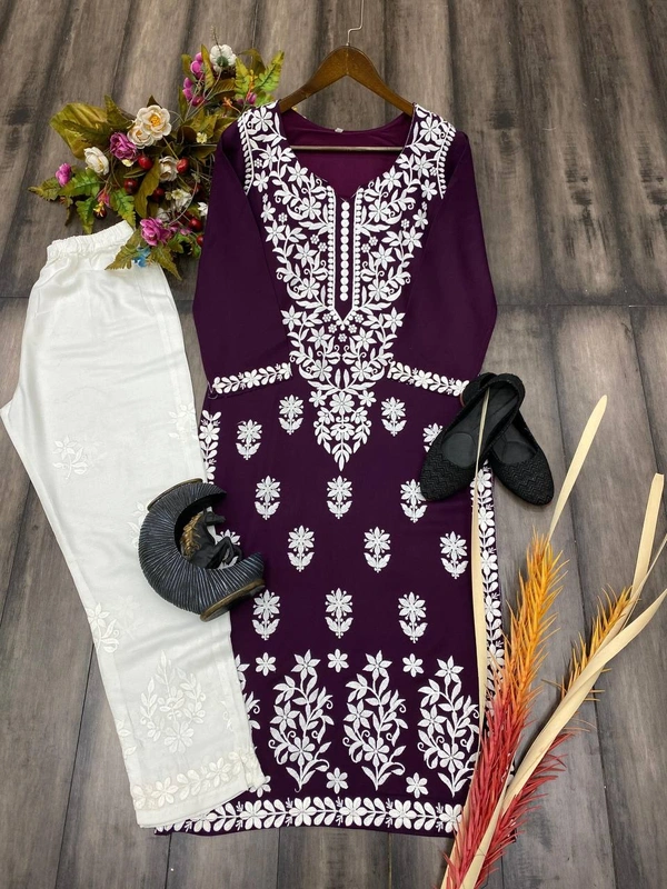 FWBE CHIKANKARI EYON TOP WITH COTTON THREAD EMBROIDERED WORK AND WORK PLAZO - M-38, Wine Berry
