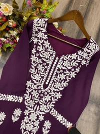 FWBE CHIKANKARI EYON TOP WITH COTTON THREAD EMBROIDERED WORK AND WORK PLAZO - M-38, Wine Berry