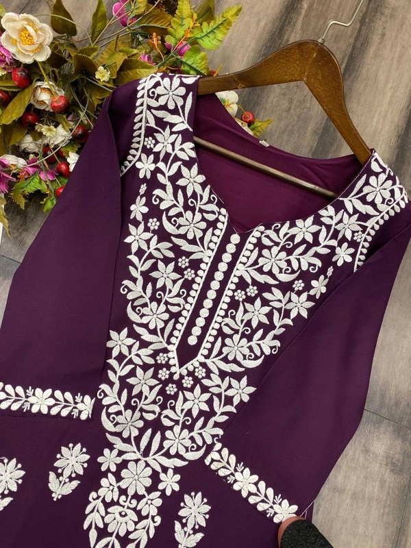 FWBE CHIKANKARI EYON TOP WITH COTTON THREAD EMBROIDERED WORK AND WORK PLAZO - XL-42, Wine Berry