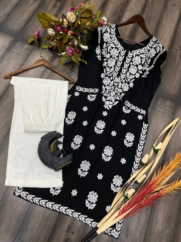FWBE TRANDING REYON TOP WITH COTTON THREAD EMBROIDERED WORK AND WORK PLAZO - XL-42, Cinder