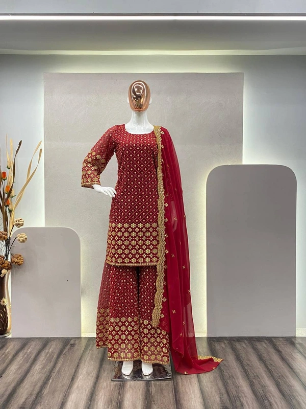 FWBE SEQUANCE WORK SUIT WITH STITCHED SARARA AND DUPATTA - M-38, Maroon