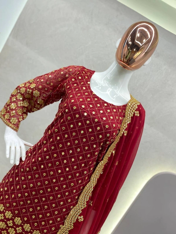 FWBE SEQUANCE WORK SUIT WITH STITCHED SARARA AND DUPATTA - M-38, Maroon