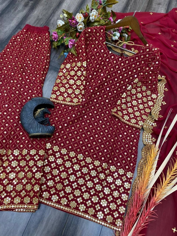FWBE SEQUANCE WORK SUIT WITH STITCHED SARARA AND DUPATTA - M-38, Maroon