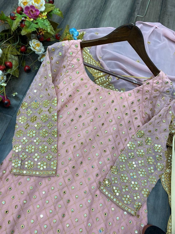FWBE SEQUANCE WORK SUIT WITH STITCHED SARARA AND DUPATTA - XL-42, Pink