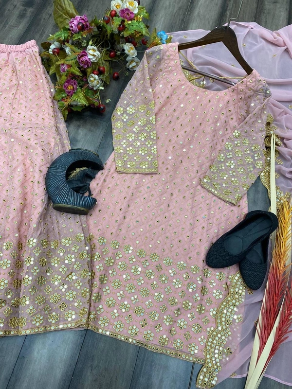 FWBE SEQUANCE WORK SUIT WITH STITCHED SARARA AND DUPATTA - XL-42, Pink