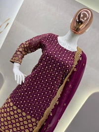 FWBE SEQUANCE WORK SUIT WITH STITCHED SARARA AND DUPATTA - S-36, Scarlet Gum