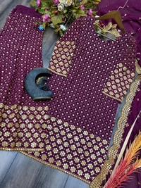 FWBE SEQUANCE WORK SUIT WITH STITCHED SARARA AND DUPATTA - S-36, Scarlet Gum