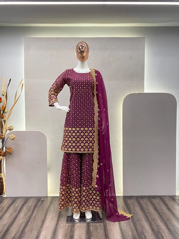 FWBE SEQUANCE WORK SUIT WITH STITCHED SARARA AND DUPATTA - L-40, Scarlet Gum