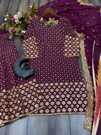 FWBE SEQUANCE WORK SUIT WITH STITCHED SARARA AND DUPATTA - XXL-44, Scarlet Gum