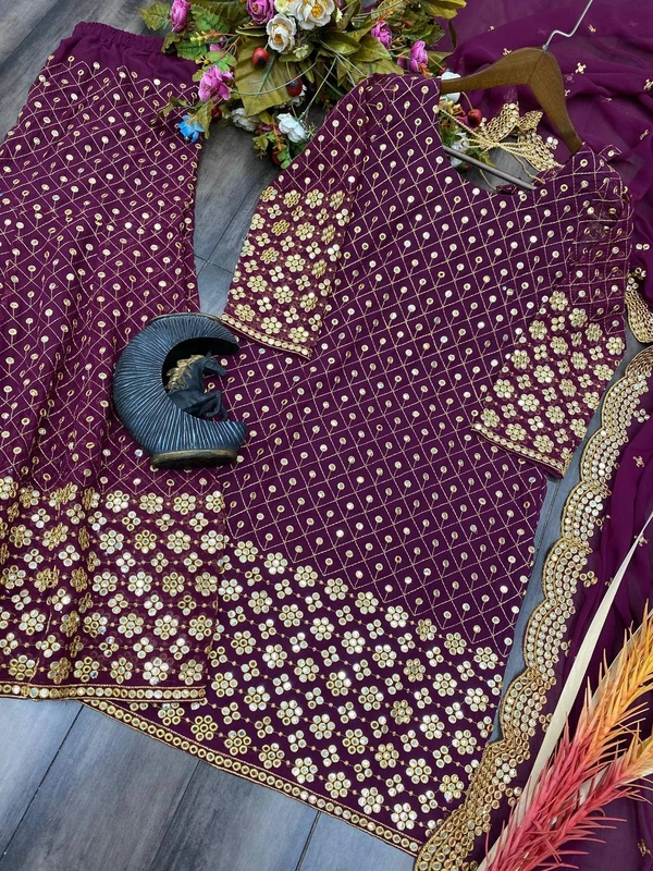 FWBE SEQUANCE WORK SUIT WITH STITCHED SARARA AND DUPATTA - XXL-44, Scarlet Gum