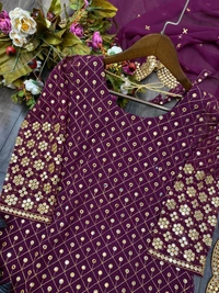 FWBE SEQUANCE WORK SUIT WITH STITCHED SARARA AND DUPATTA - XL-42, Scarlet Gum