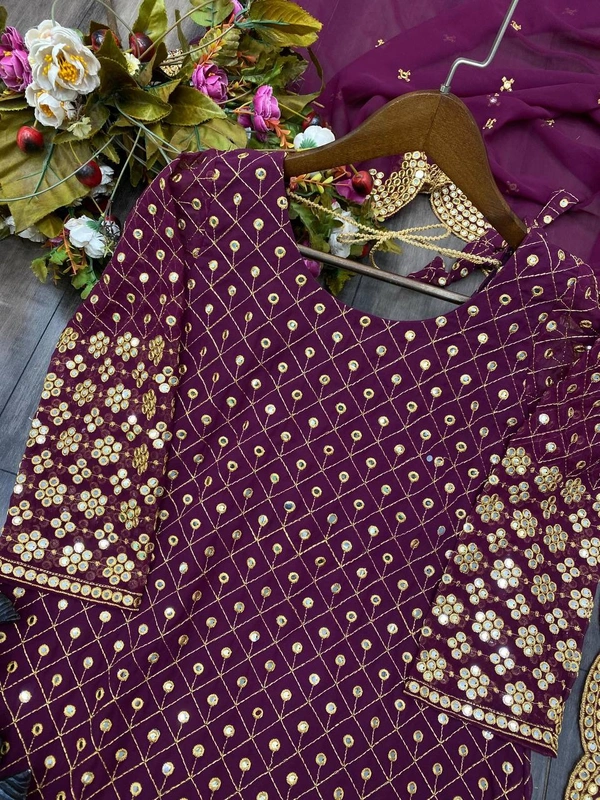 FWBE SEQUANCE WORK SUIT WITH STITCHED SARARA AND DUPATTA - XXL-44, Scarlet Gum