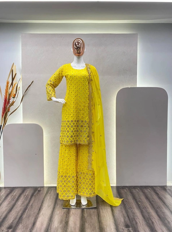 FWBE SEQUANCE WORK SUIT WITH STITCHED SARARA AND DUPATTA - XL-42, Yellow
