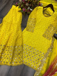 FWBE SEQUANCE WORK SUIT WITH STITCHED SARARA AND DUPATTA - XL-42, Yellow