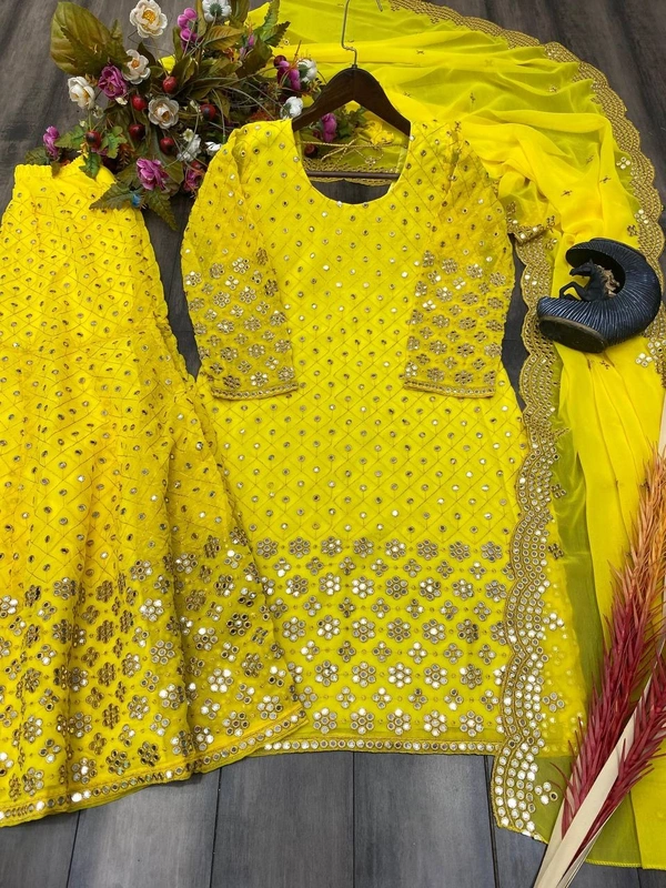 FWBE SEQUANCE WORK SUIT WITH STITCHED SARARA AND DUPATTA - S-36, Yellow