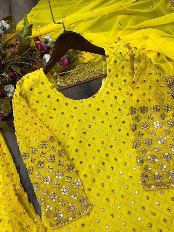 FWBE SEQUANCE WORK SUIT WITH STITCHED SARARA AND DUPATTA - XL-42, Yellow