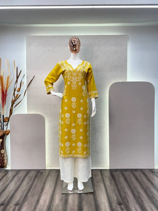 FWBE TRANDING REYON TOP WITH COTTON THREAD EMBROIDERED WORK AND WORK PLAZO - L-40, Yellow