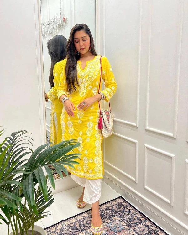 FWBE TRANDING REYON TOP WITH COTTON THREAD EMBROIDERED WORK AND WORK PLAZO - XXL-44, Yellow