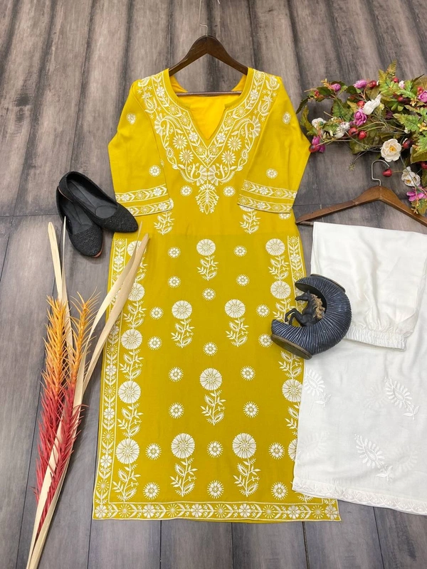 FWBE TRANDING REYON TOP WITH COTTON THREAD EMBROIDERED WORK AND WORK PLAZO - M-38, Yellow