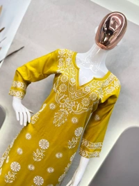 FWBE TRANDING REYON TOP WITH COTTON THREAD EMBROIDERED WORK AND WORK PLAZO - XL-42, Yellow