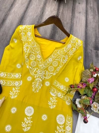 FWBE TRANDING REYON TOP WITH COTTON THREAD EMBROIDERED WORK AND WORK PLAZO - L-40, Yellow