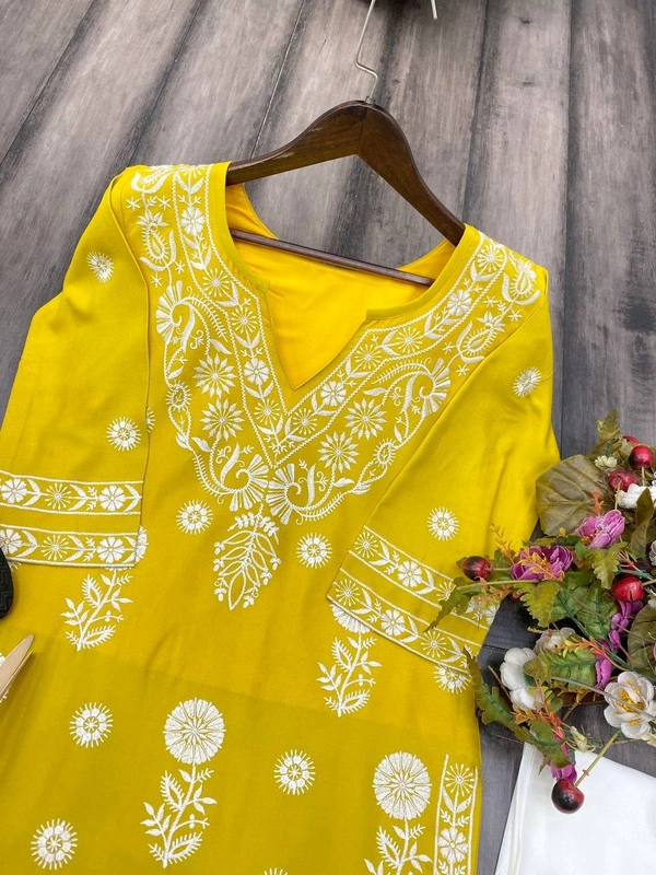 FWBE TRANDING REYON TOP WITH COTTON THREAD EMBROIDERED WORK AND WORK PLAZO - L-40, Yellow