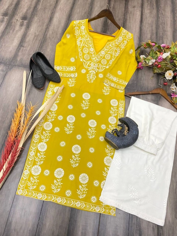 FWBE TRANDING REYON TOP WITH COTTON THREAD EMBROIDERED WORK AND WORK PLAZO - XL-42, Yellow