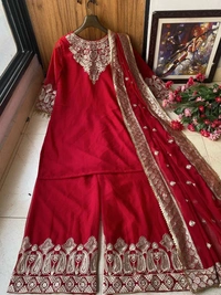FWVF HEAVY GEORGETTE TOP WITH BEAUTIFUL FULLY EMBROIDERED &  HEAVY GEORGETTE PLAZZO - XXL-44, Milano Red