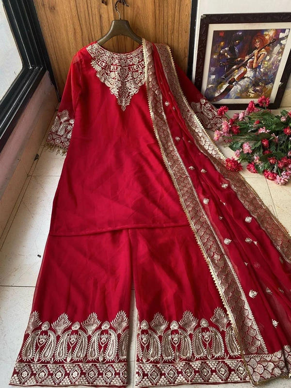 FWVF HEAVY GEORGETTE TOP WITH BEAUTIFUL FULLY EMBROIDERED &  HEAVY GEORGETTE PLAZZO - XXL-44, Milano Red